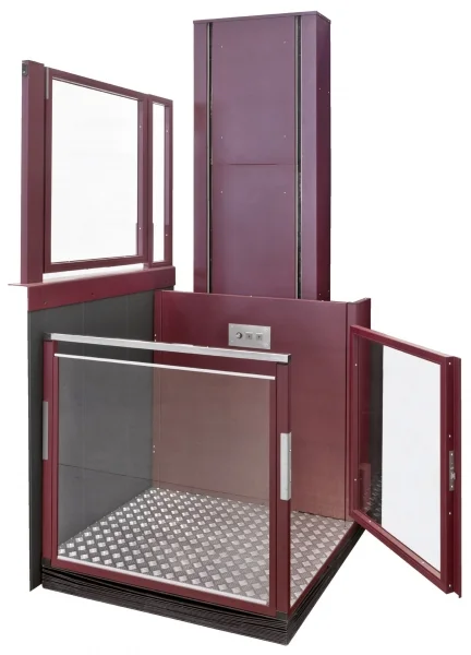 Plataforma elevadora vertical DHSE con puertas panorámicas abiertas