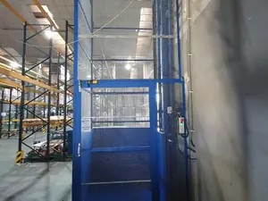 Montacargas de malla azul en una nave con estanterías
